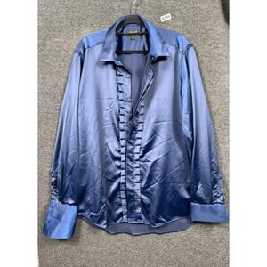 Biarelli Formal Collection Satin Button Down Shirt Mens Sz 2XL Royal Blue Party